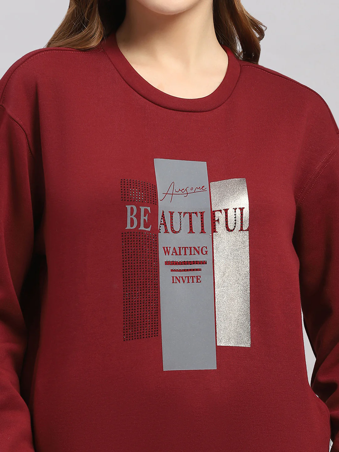 Women Maroon Printed Round Neck Full Sleeve Sweatshirt - Image 6