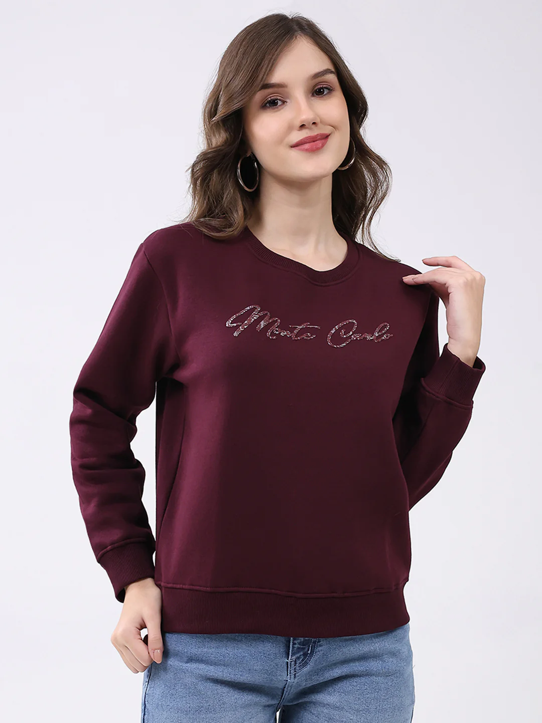 Women Maroon Printed Round Neck Full Sleeve Sweatshirt