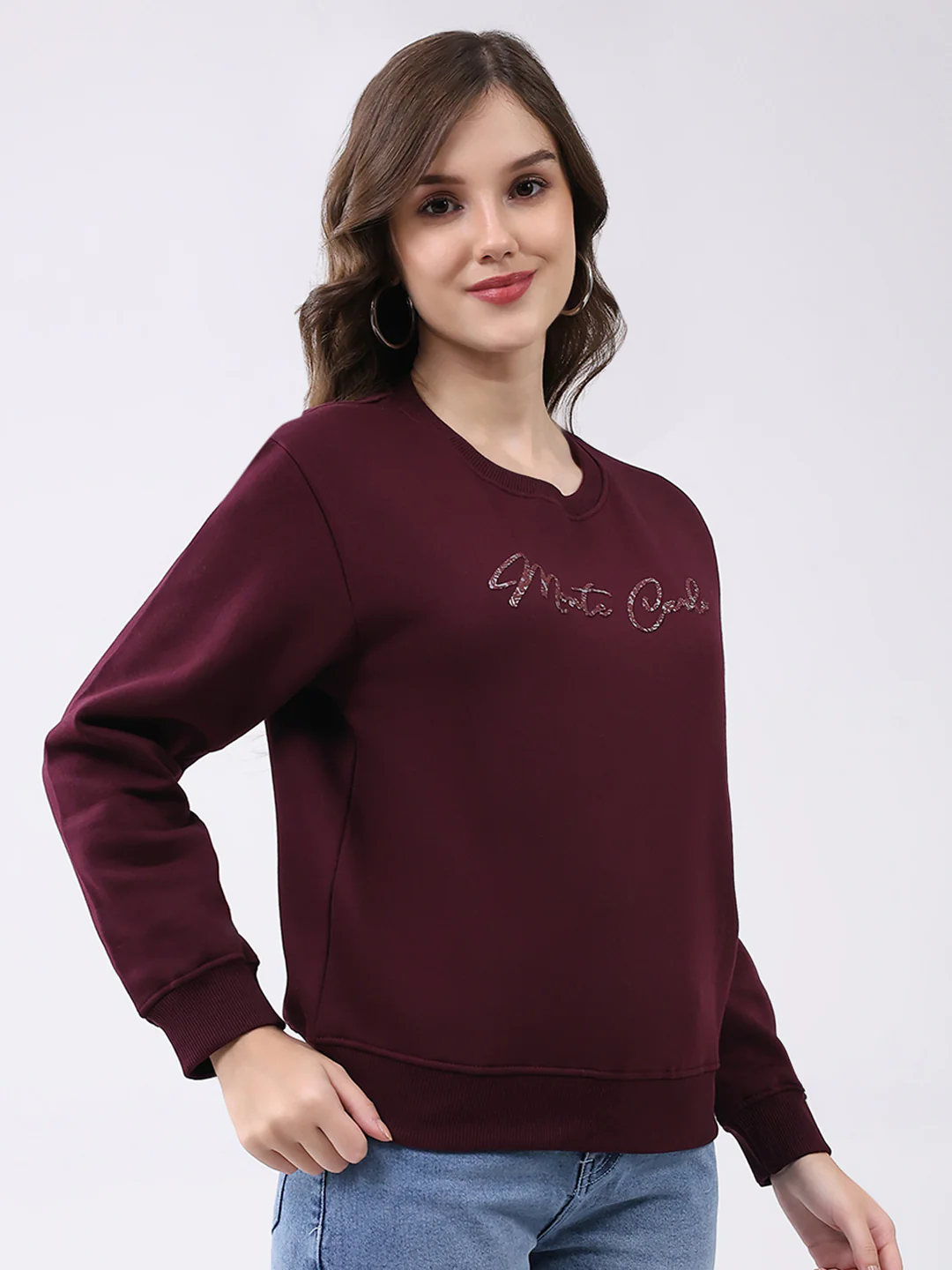 Women Maroon Printed Round Neck Full Sleeve Sweatshirt - Image 4