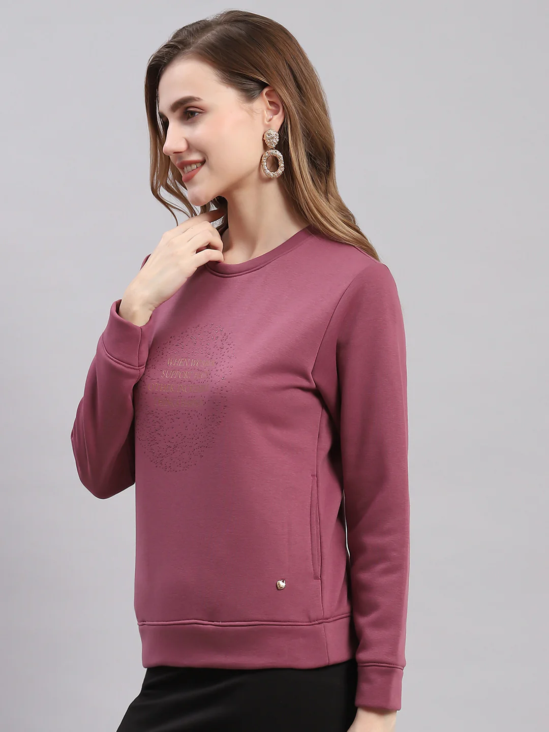 Women Maroon Printed Round Neck Full Sleeve Sweatshirts - Image 3