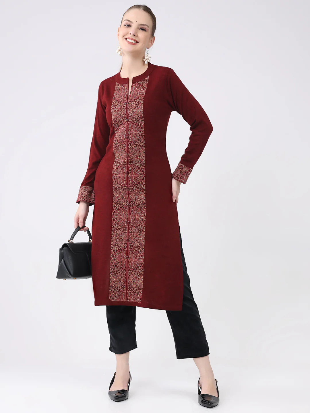 Women Maroon Printed Round Neck Full Sleeve Winter Kurti - Image 2