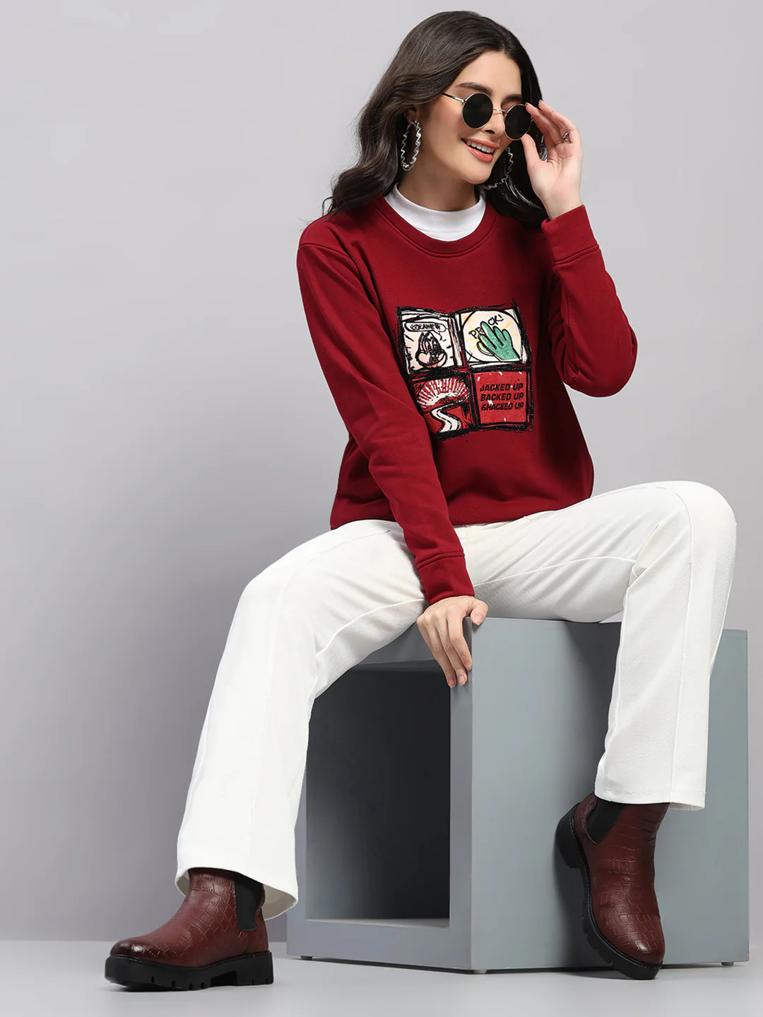 Women Maroon Printed Round Neck Full Sleeve Winter Top - Image 2
