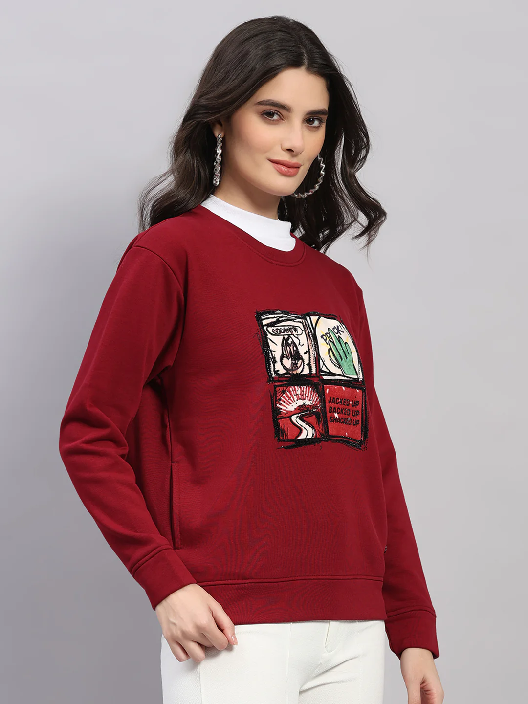 Women Maroon Printed Round Neck Full Sleeve Winter Top - Image 4