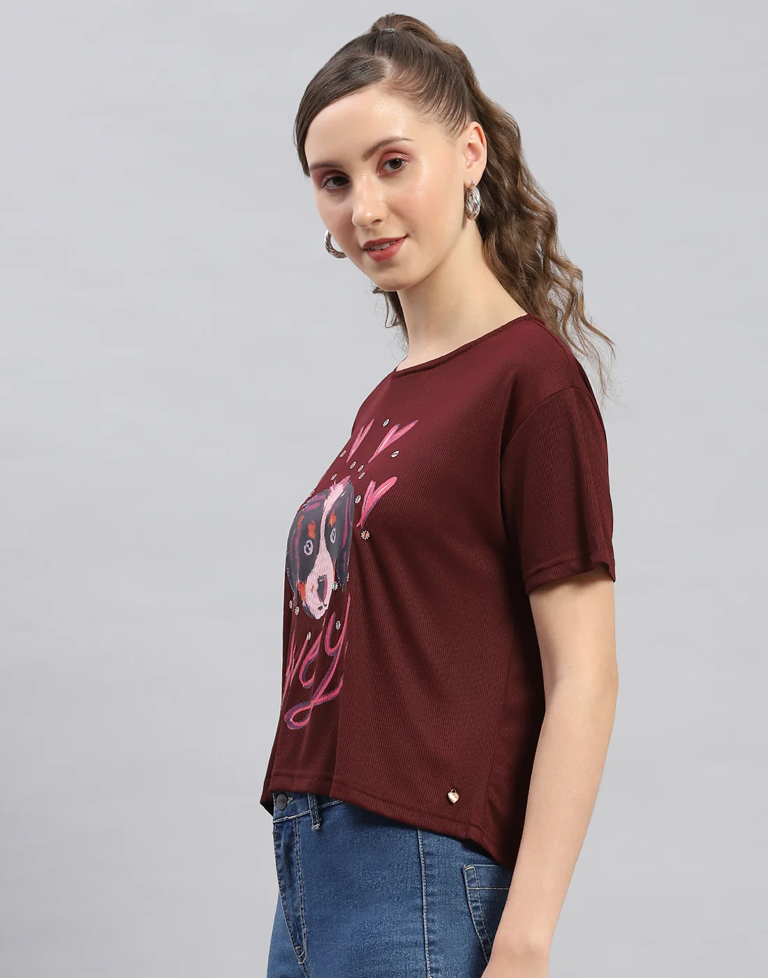 Women Maroon Printed Round Neck Half Sleeve Top - Image 3