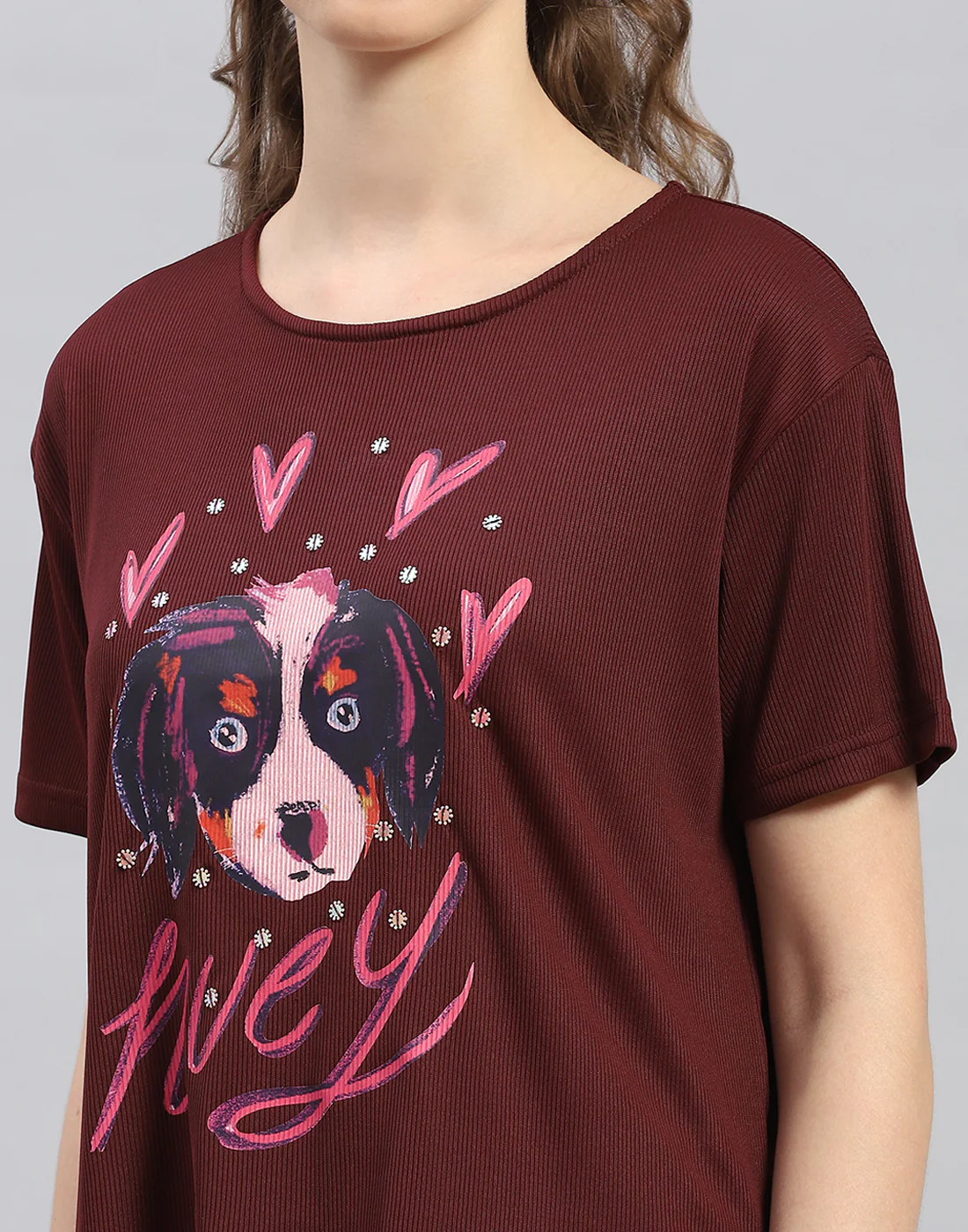 Women Maroon Printed Round Neck Half Sleeve Top - Image 6