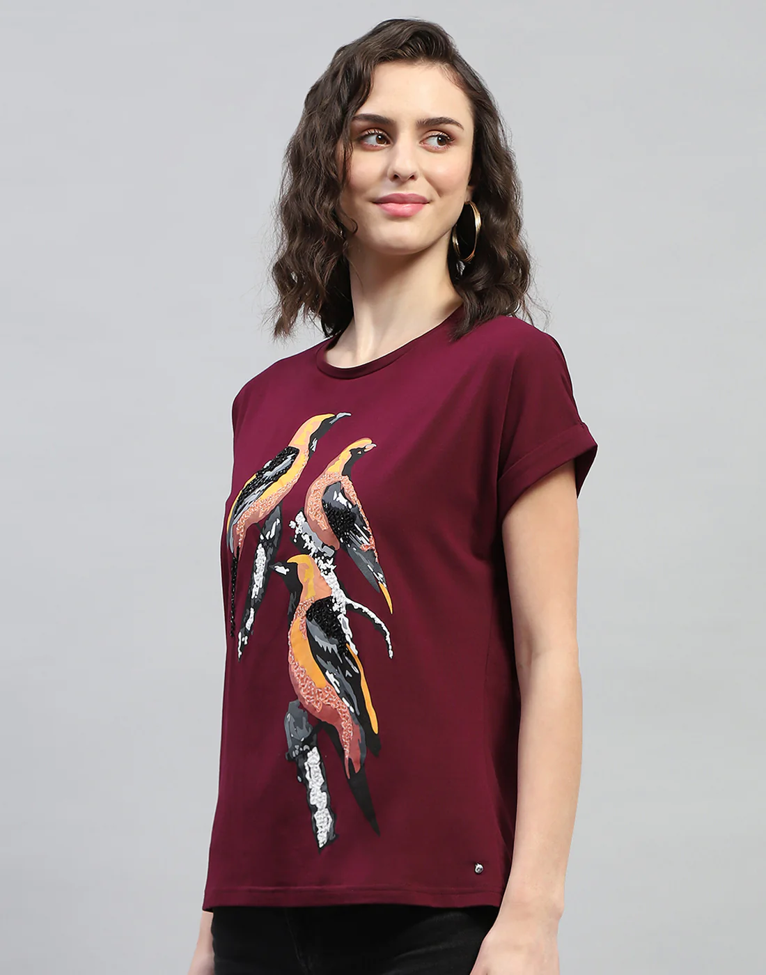 Women Maroon Printed Round Neck Half Sleeve Top - Image 3