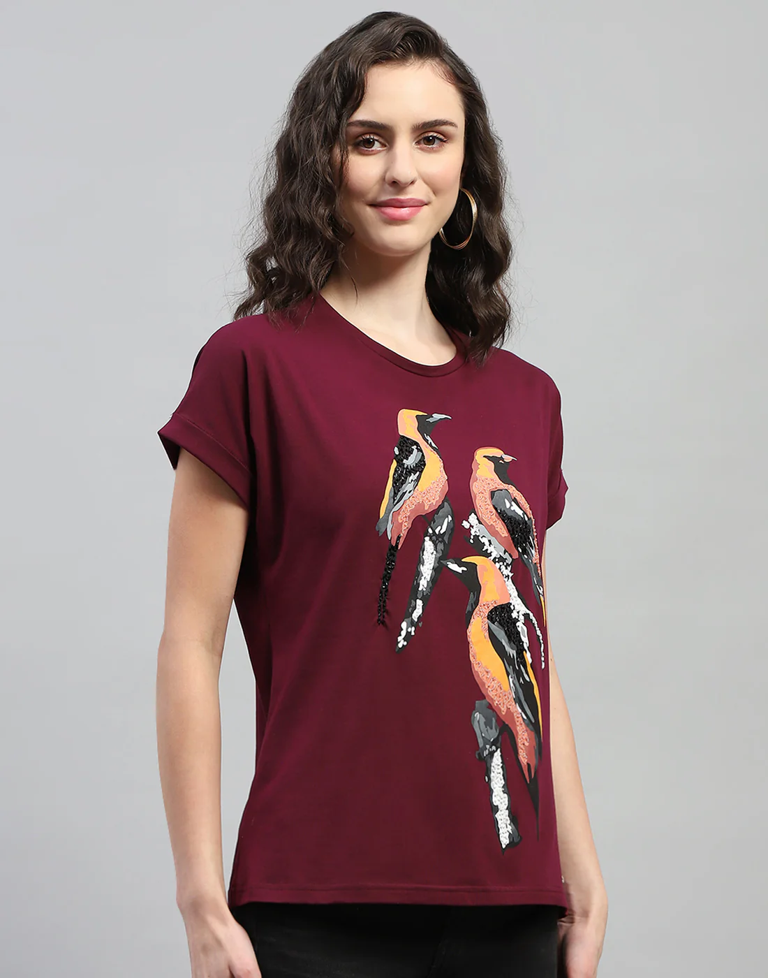 Women Maroon Printed Round Neck Half Sleeve Top - Image 4