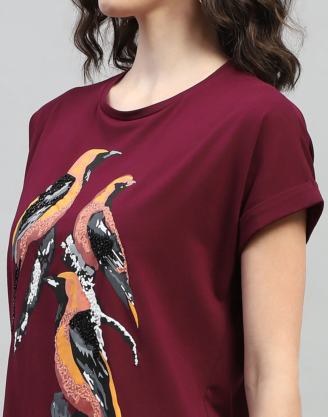 Women Maroon Printed Round Neck Half Sleeve Top - Image 6