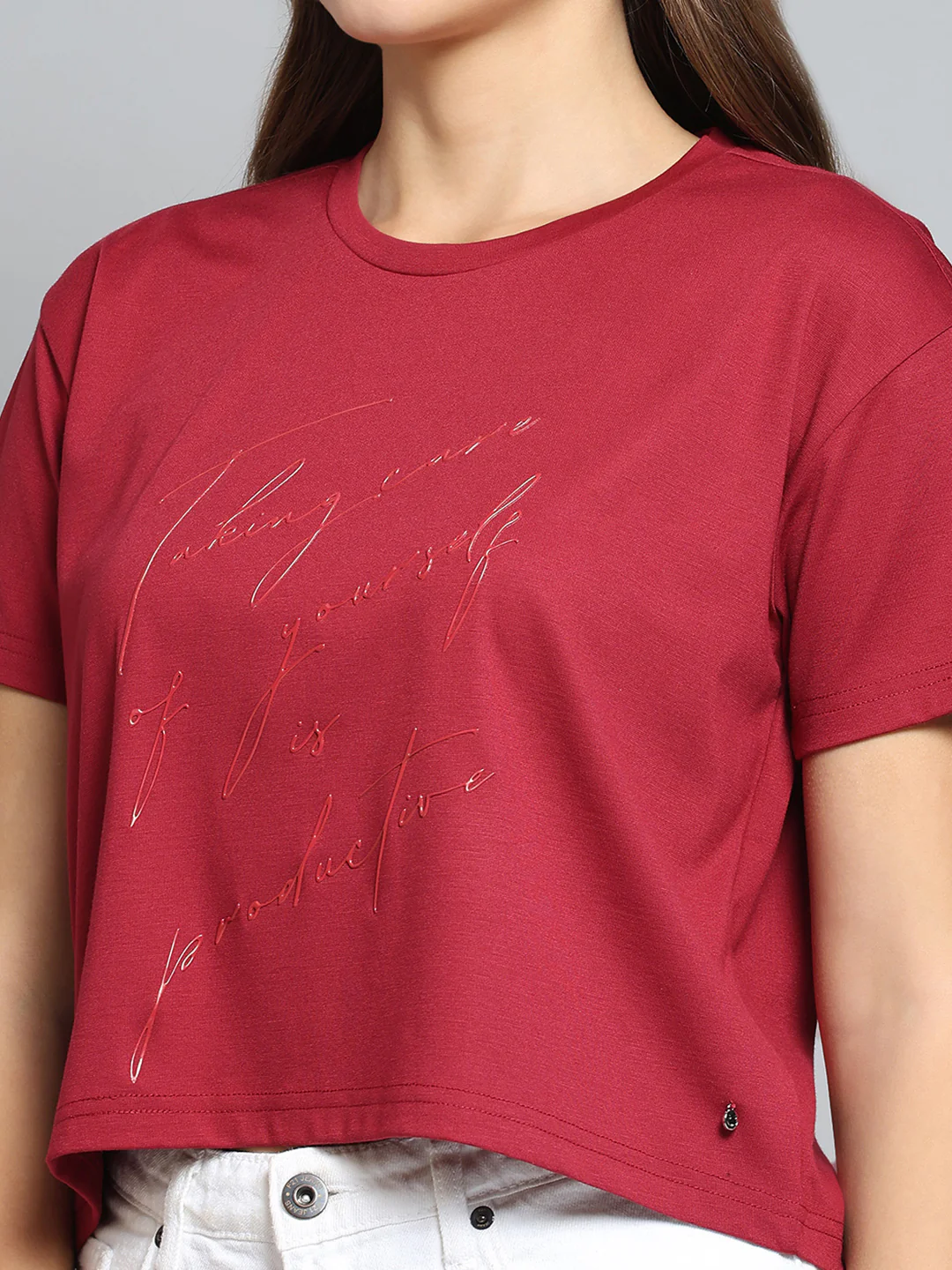 Women Maroon Printed Round Neck Half Sleeve Top - Image 6