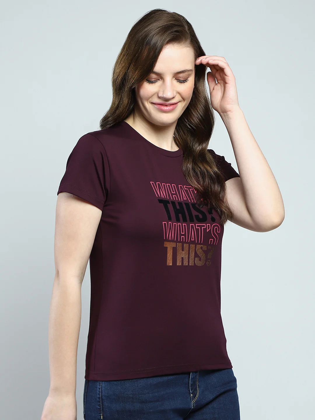 Women Maroon Printed Round Neck Half Sleeve Top - Image 4
