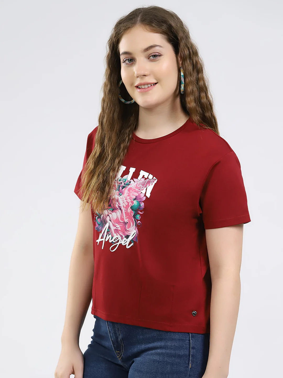 Women Maroon Printed Round Neck Half Sleeve Top - Image 3