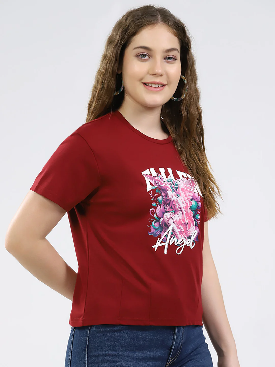 Women Maroon Printed Round Neck Half Sleeve Top - Image 4
