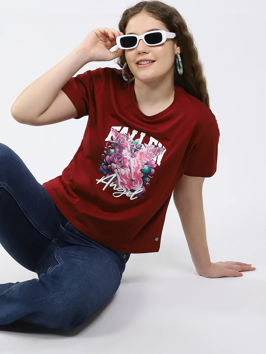 Women Maroon Printed Round Neck Half Sleeve Top - Image 6