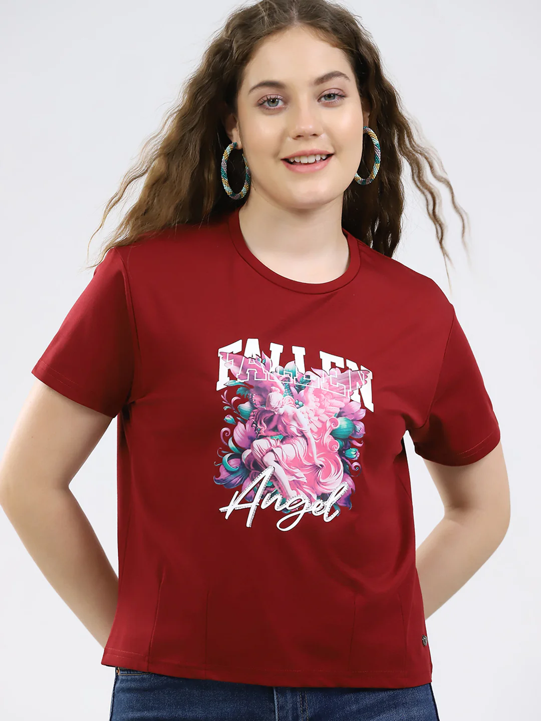 Women Maroon Printed Round Neck Half Sleeve Top - Image 7