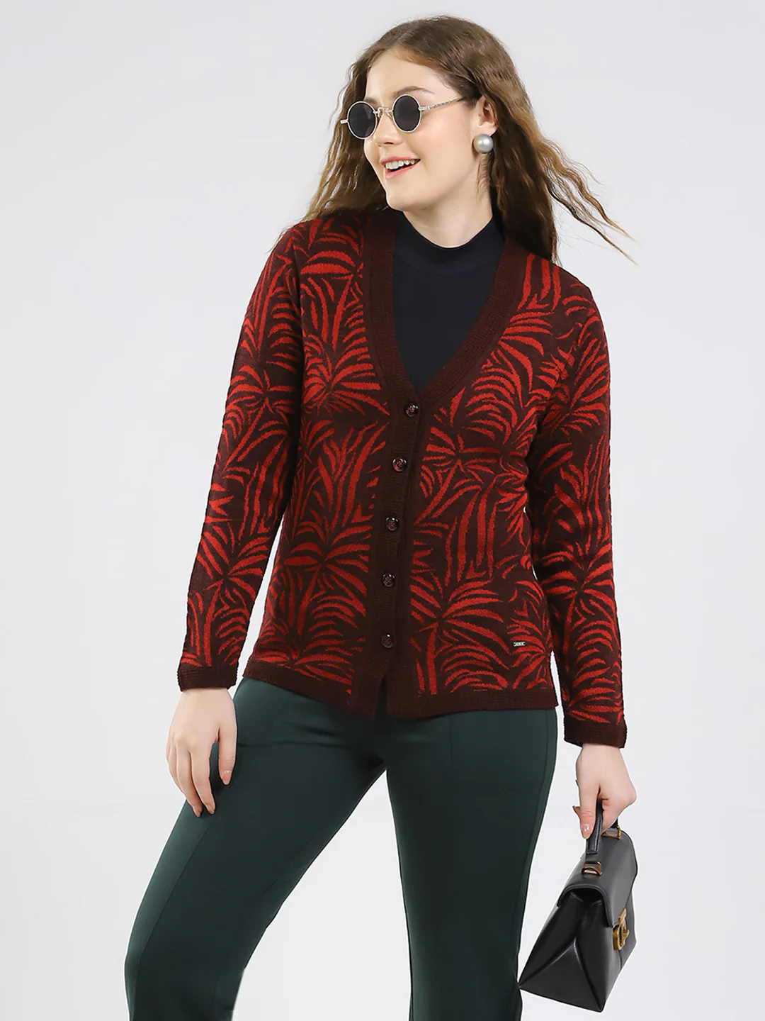Women Maroon Printed V Neck Full Sleeve Cardigan - Image 6