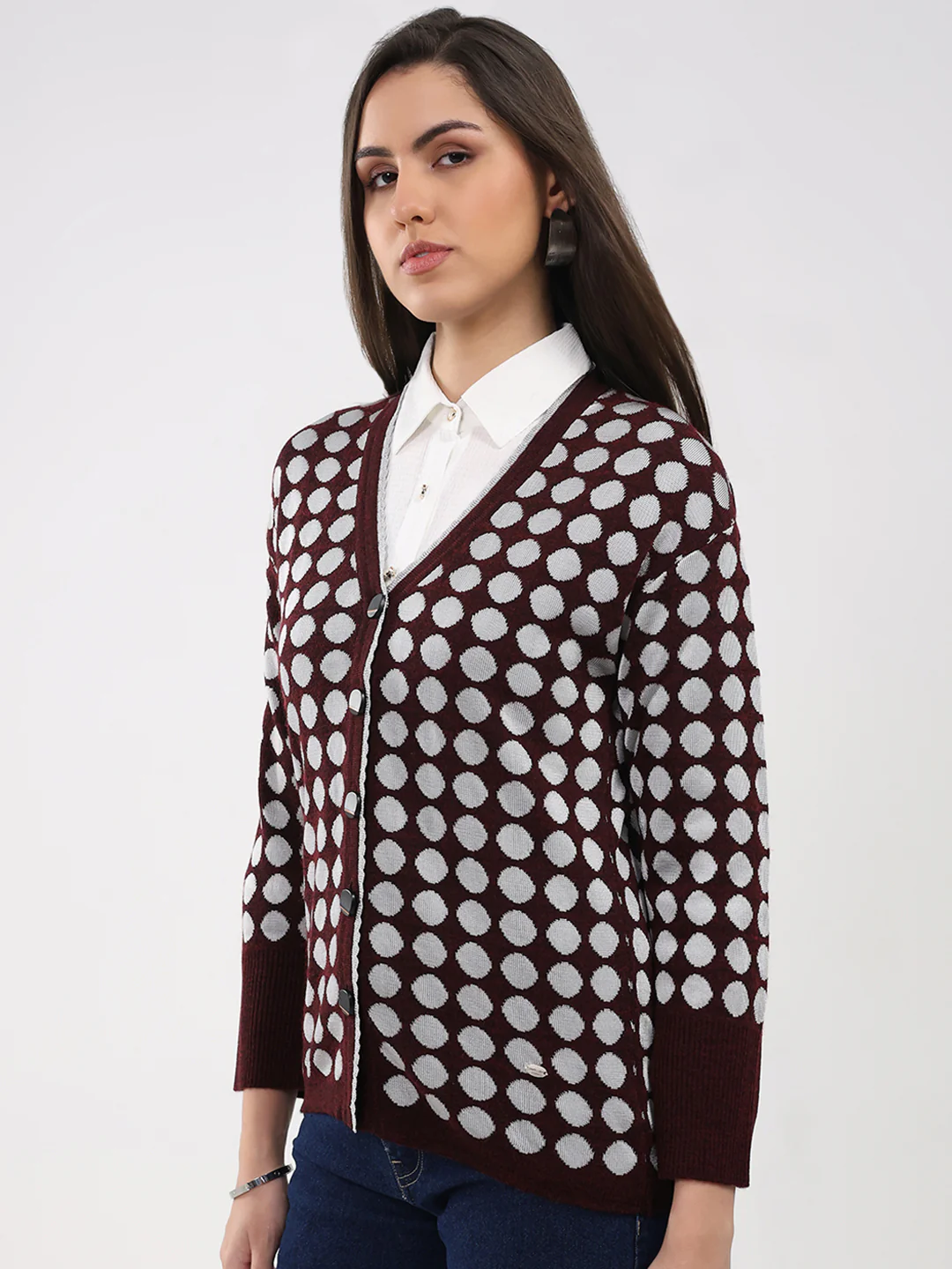 Women Maroon Printed V Neck Full Sleeve Cardigan - Image 3