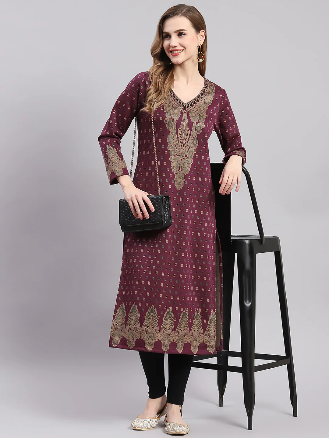 Women Maroon Printed V Neck Full Sleeve Kurtis - Image 3
