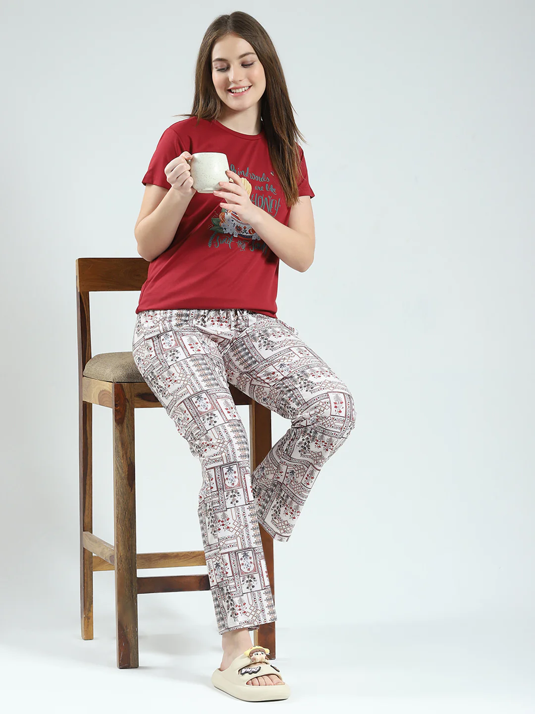 Women Maroon Printed Round Neck Half Sleeve Lower Set - Image 2