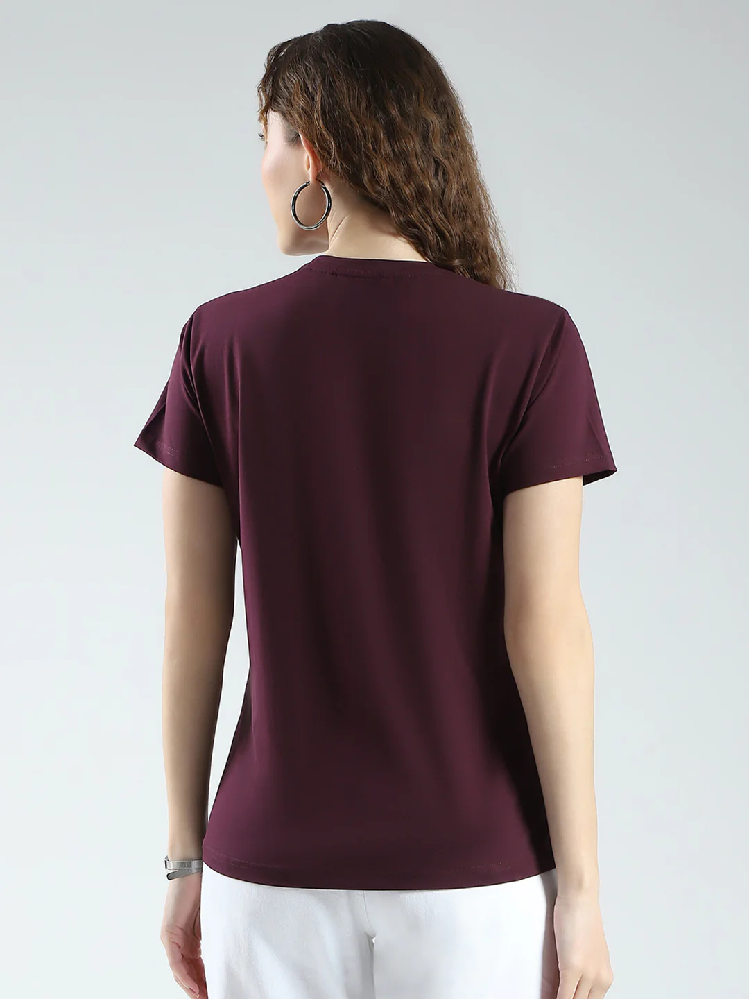 Women Maroon Printed Round Neck Half Sleeve Top - Image 5