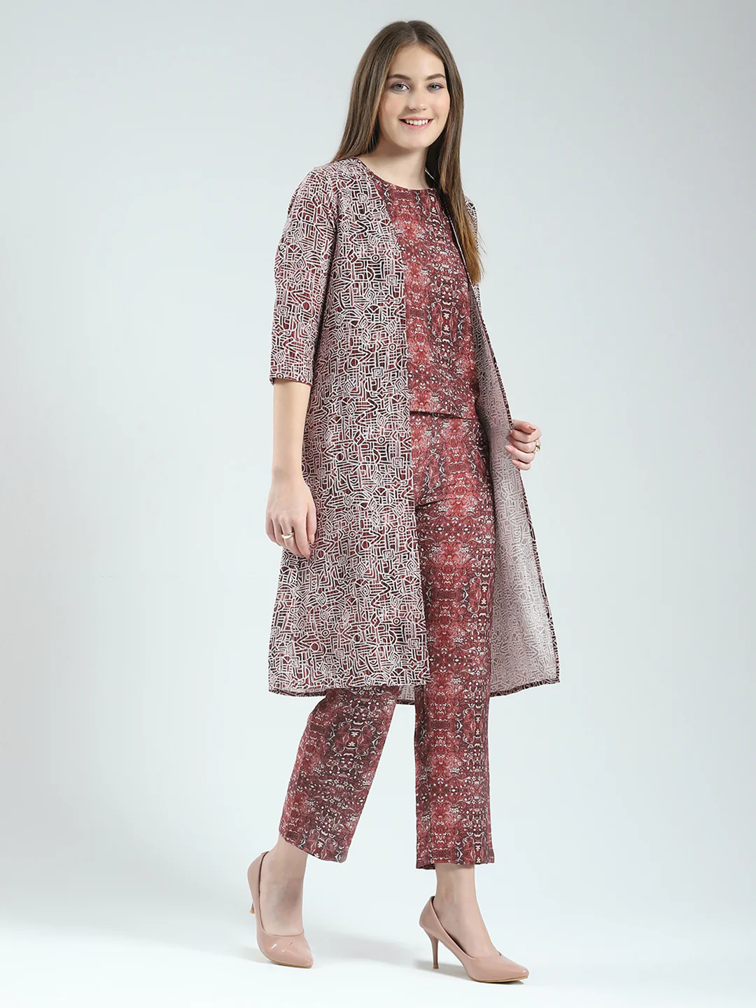 Women Maroon Printed Round Neck Sleeveless 3 Pcs Cords Set - Image 5