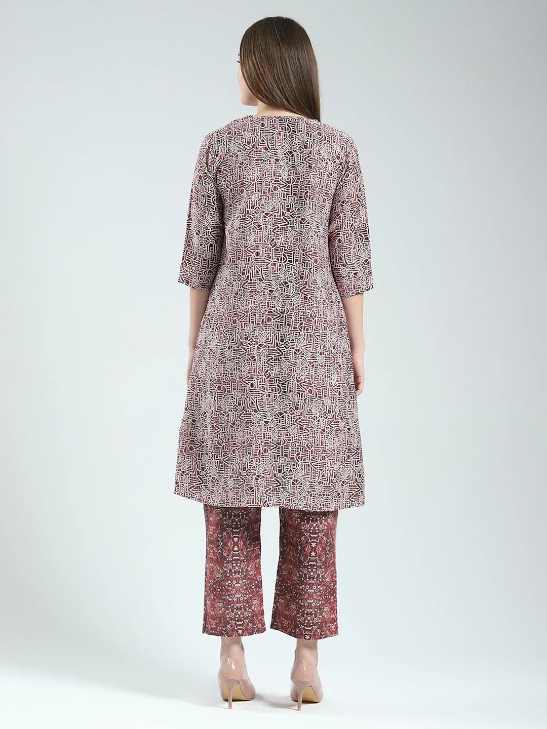Women Maroon Printed Round Neck Sleeveless 3 Pcs Cords Set - Image 6