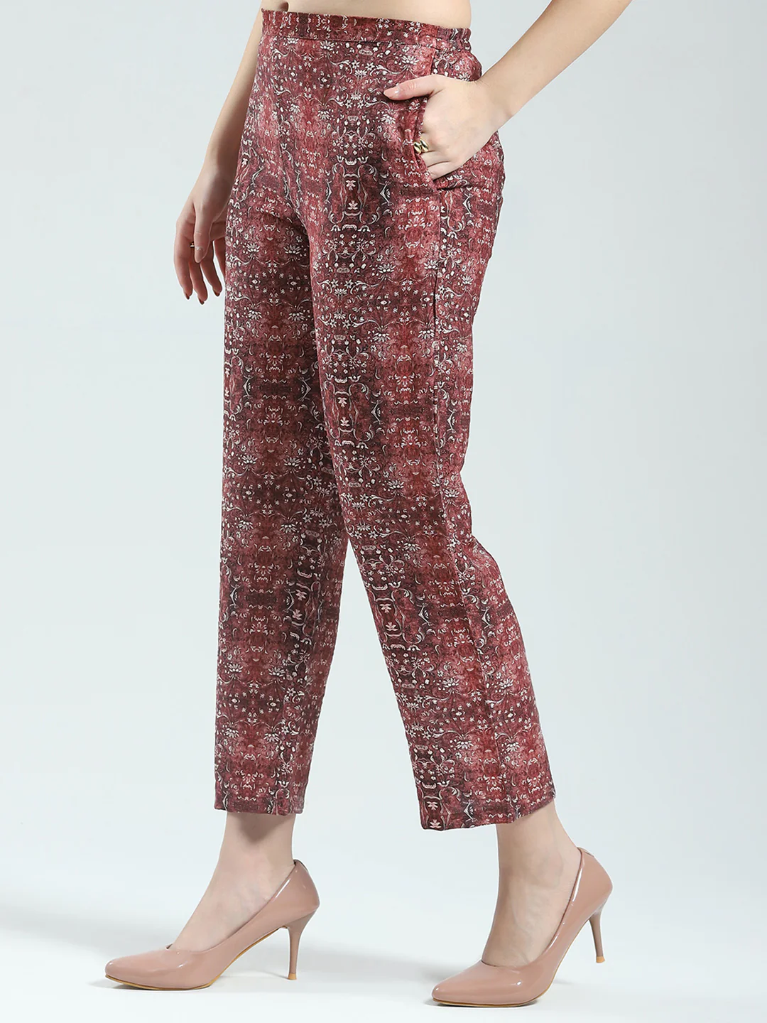 Women Maroon Printed Round Neck Sleeveless 3 Pcs Cords Set - Image 8