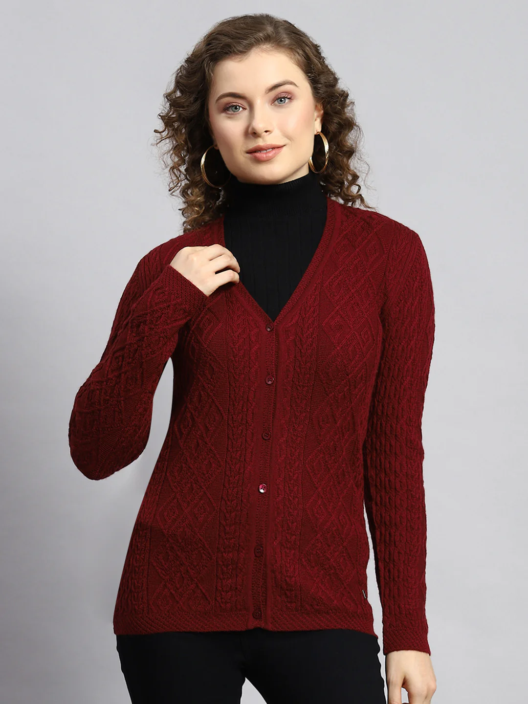 Women Maroon Self Cardigan - Image 2