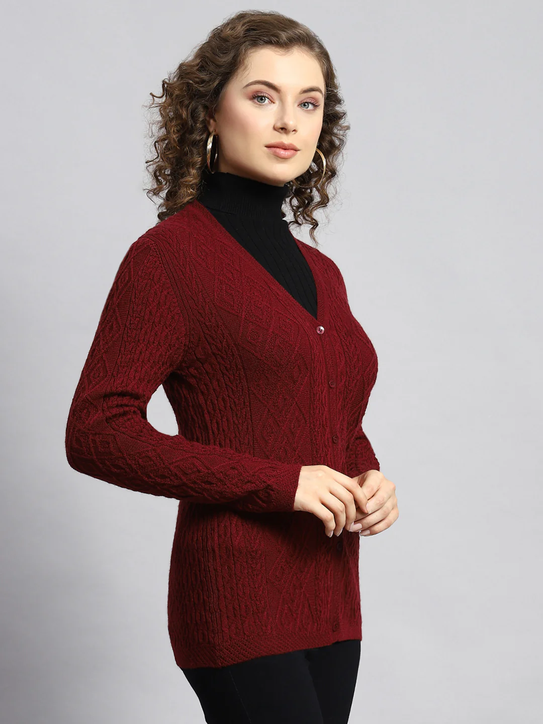 Women Maroon Self Cardigan - Image 3
