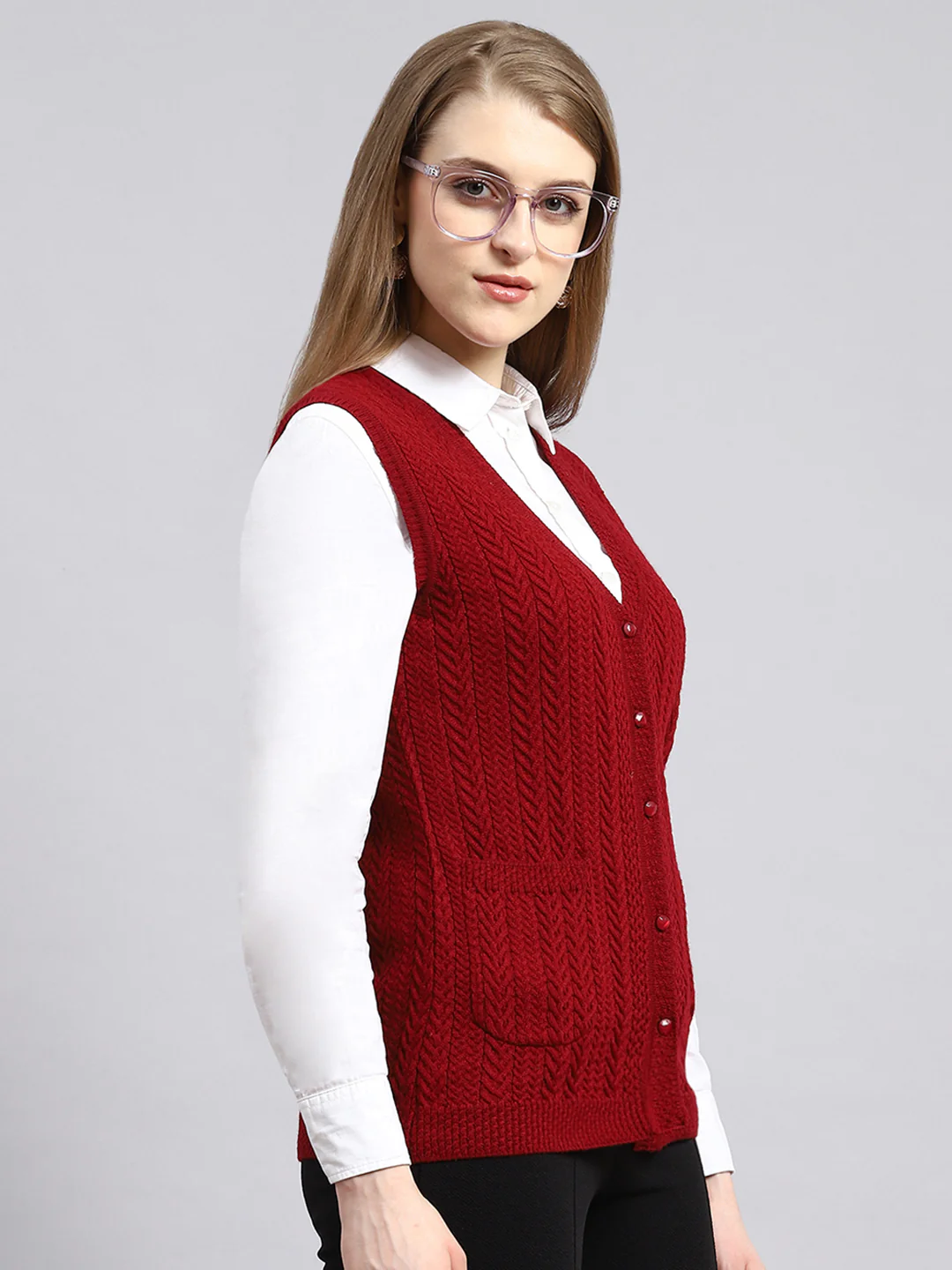 Women Maroon Self Cardigan - Image 2