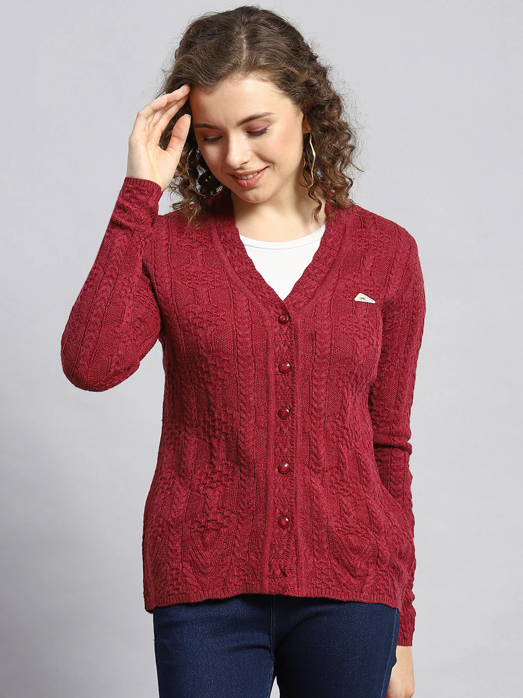 Women Maroon Self Cardigan - Image 2