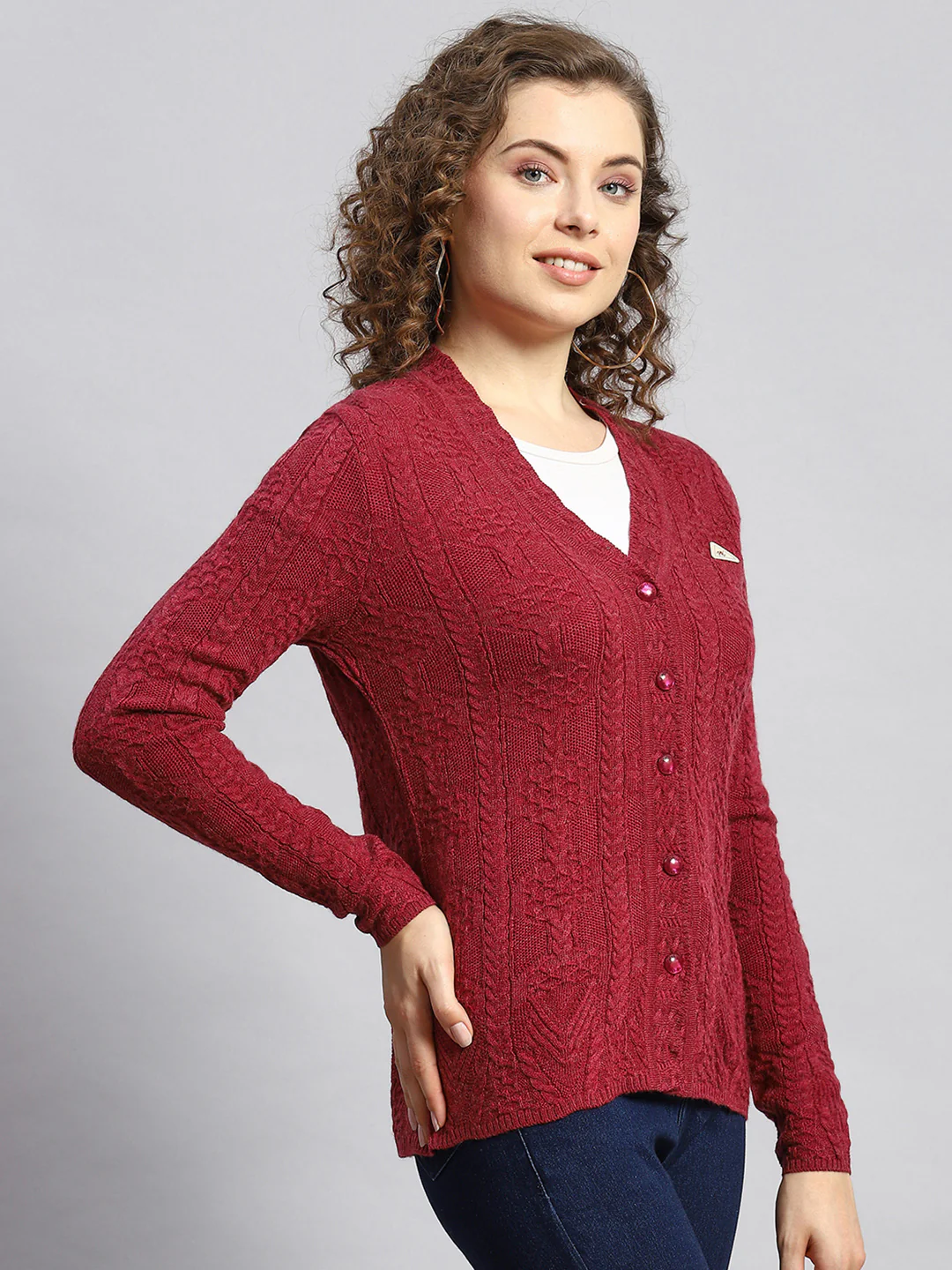 Women Maroon Self Cardigan - Image 3
