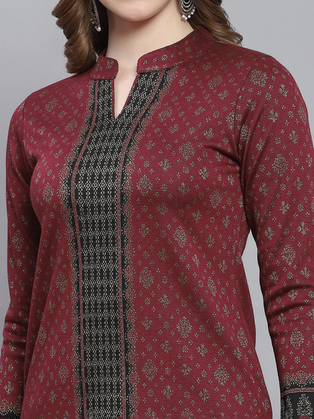 Women Maroon Self Design Collar Full Sleeve Kurtis Set - Image 2