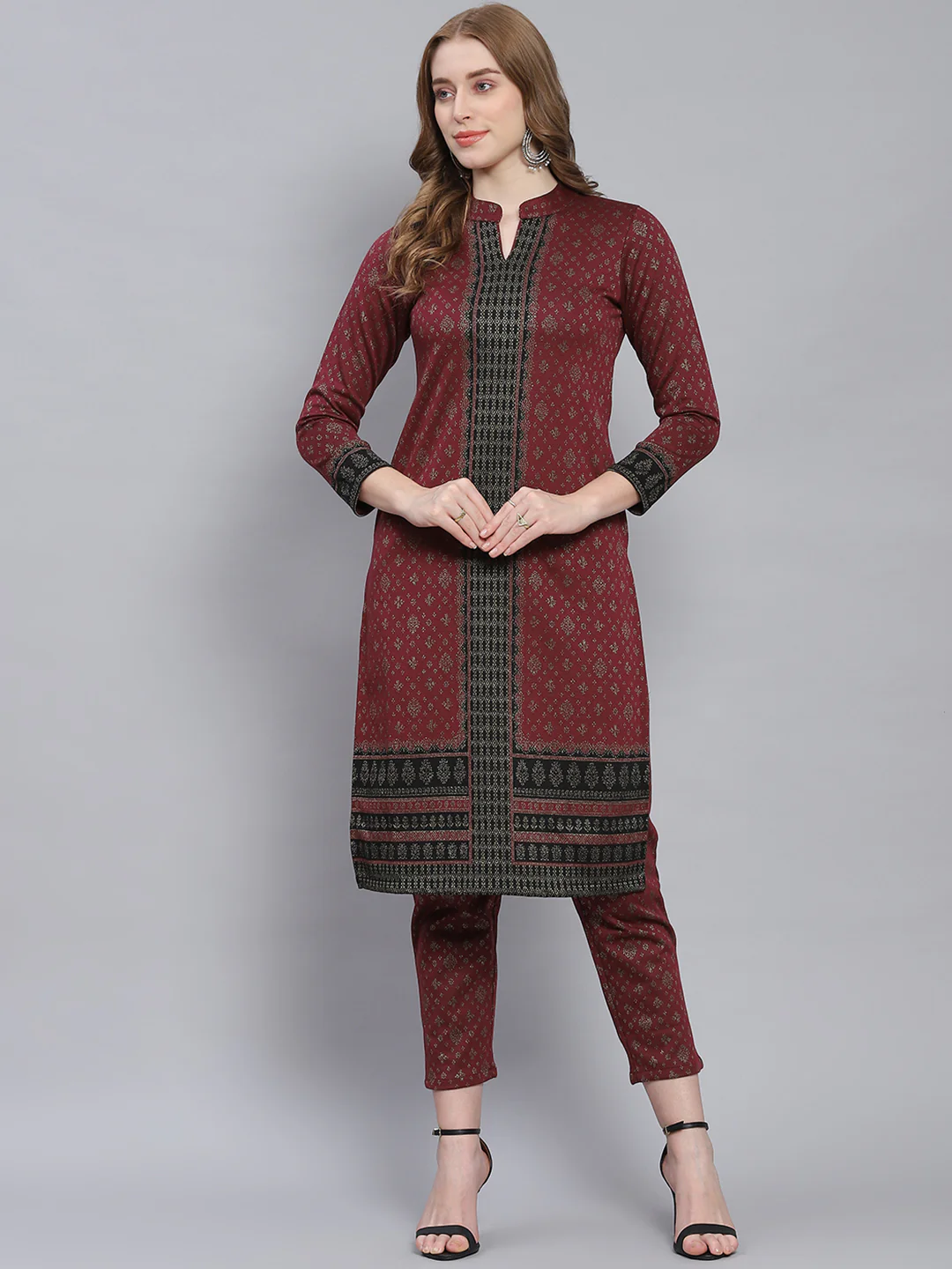 Women Maroon Self Design Collar Full Sleeve Kurtis Set - Image 3