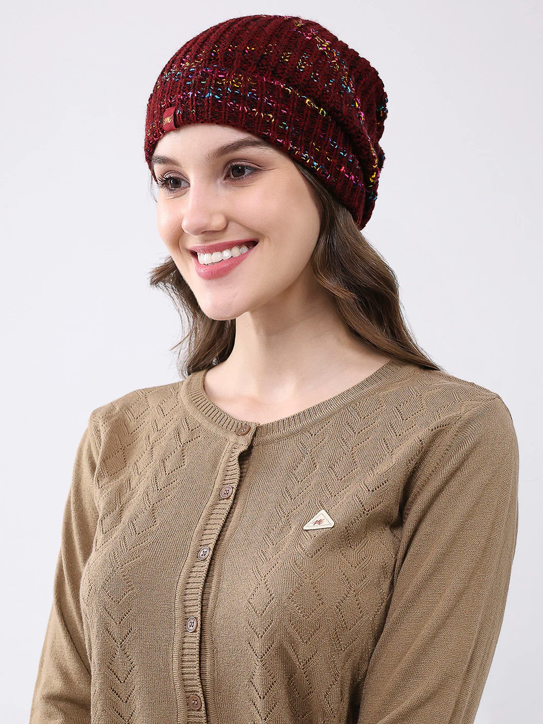 Women Maroon Self Design Blend Wool Cap - Image 3