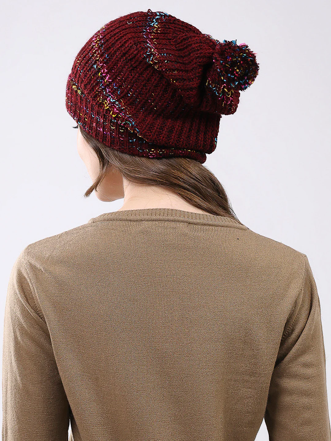 Women Maroon Self Design Blend Wool Cap - Image 5