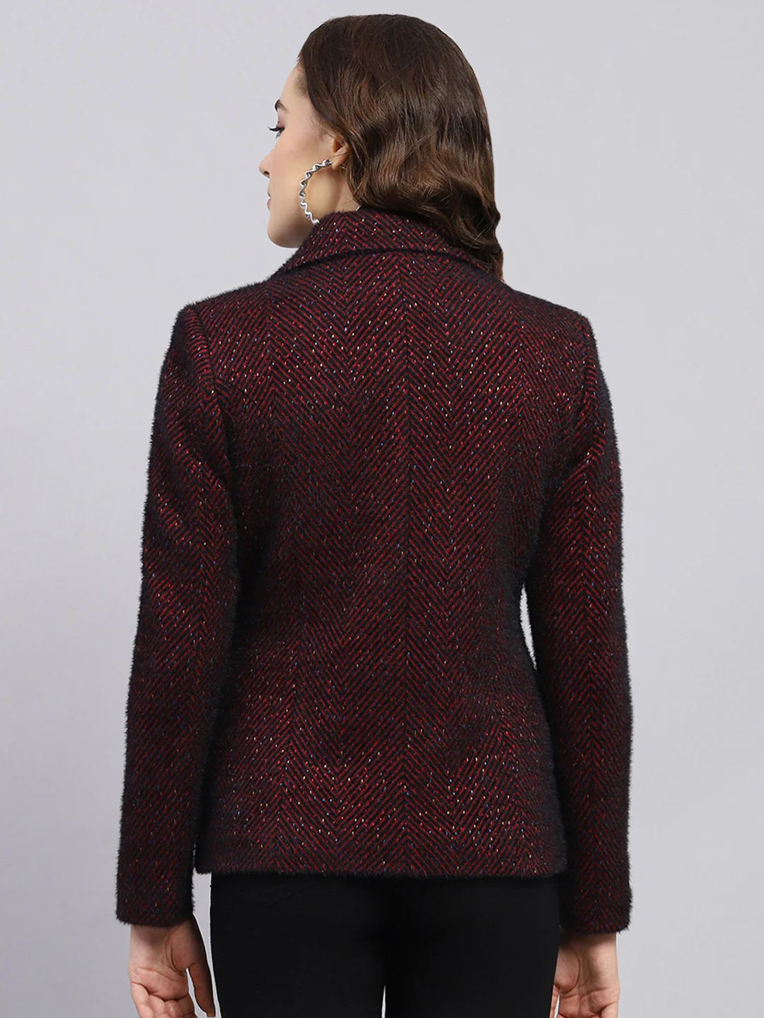 Women Maroon Self Design Collar Full Sleeve Coat - Image 5
