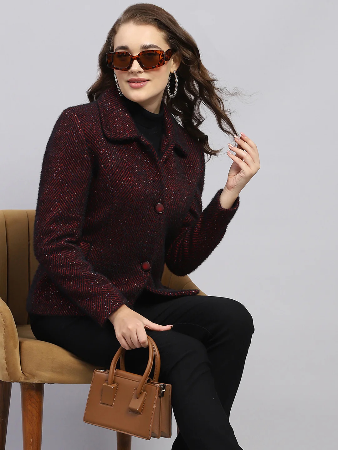 Women Maroon Self Design Collar Full Sleeve Coat - Image 6