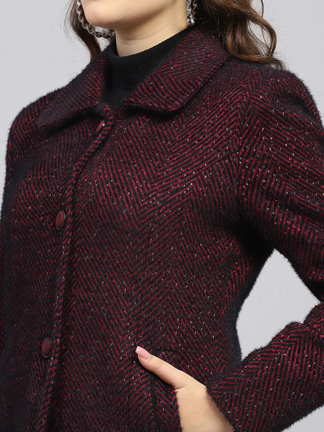 Women Maroon Self Design Collar Full Sleeve Coat - Image 7