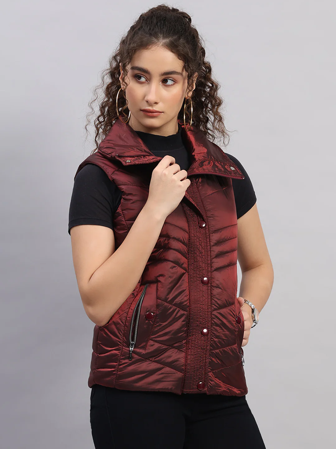 Women Maroon Self Design Collar Sleeveless Jacket - Image 4