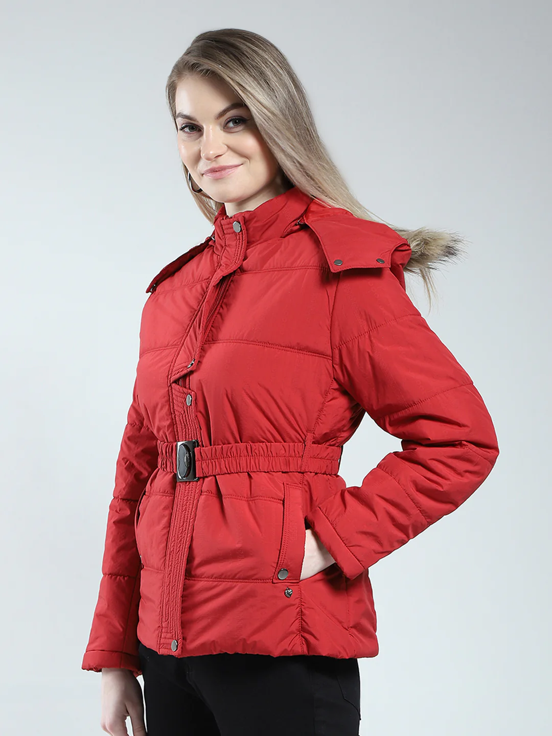 Women Maroon Self Design Detachable Hood Full Sleeve Jacket - Image 3