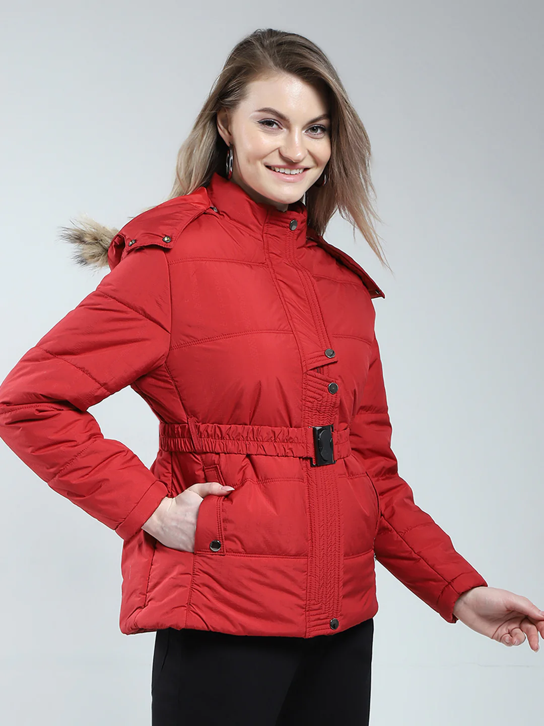 Women Maroon Self Design Detachable Hood Full Sleeve Jacket - Image 4