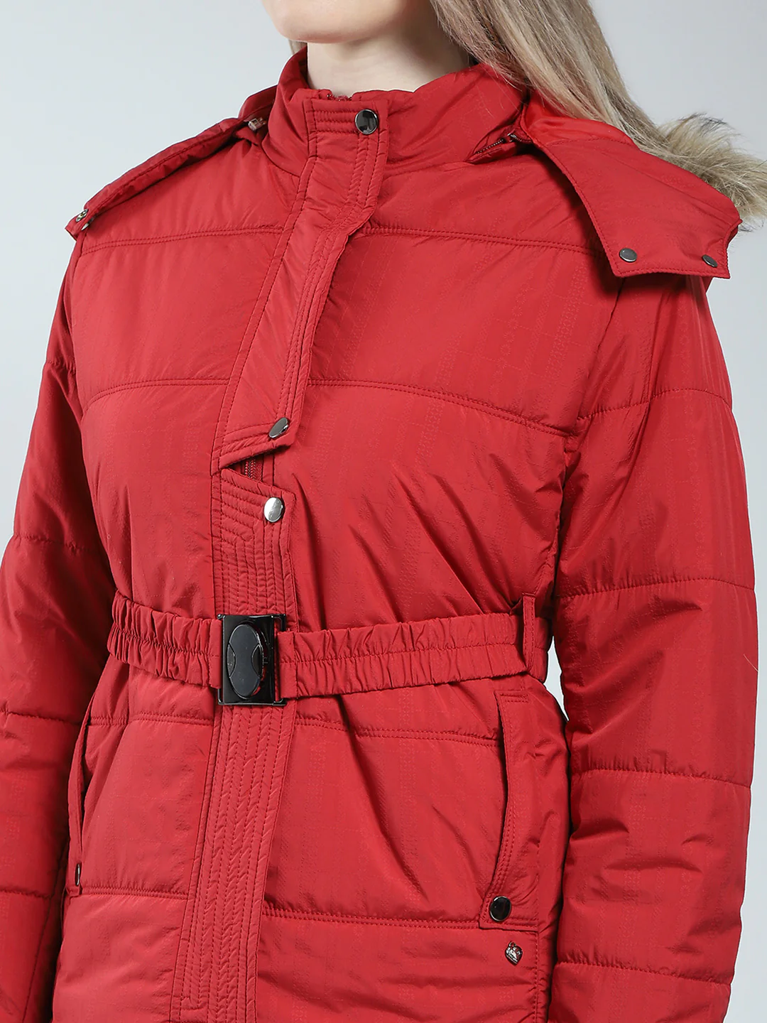 Women Maroon Self Design Detachable Hood Full Sleeve Jacket - Image 7