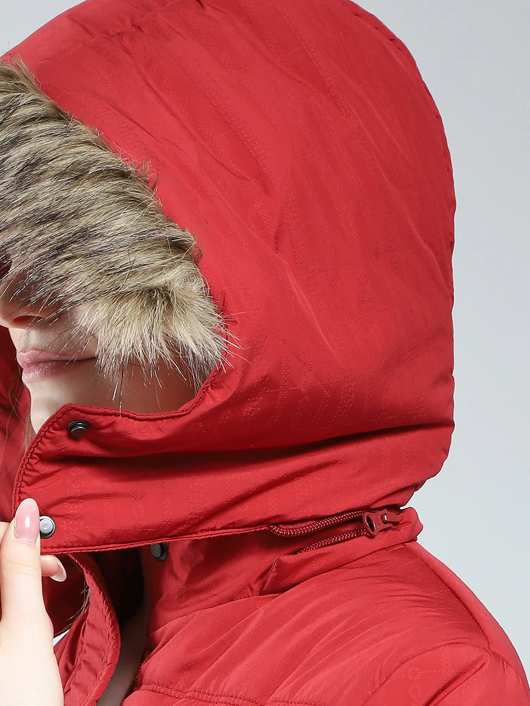 Women Maroon Self Design Detachable Hood Full Sleeve Jacket - Image 8