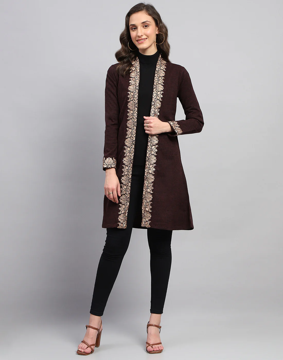 Women Maroon Self Design Front Open Full Sleeve Cardigan - Image 3