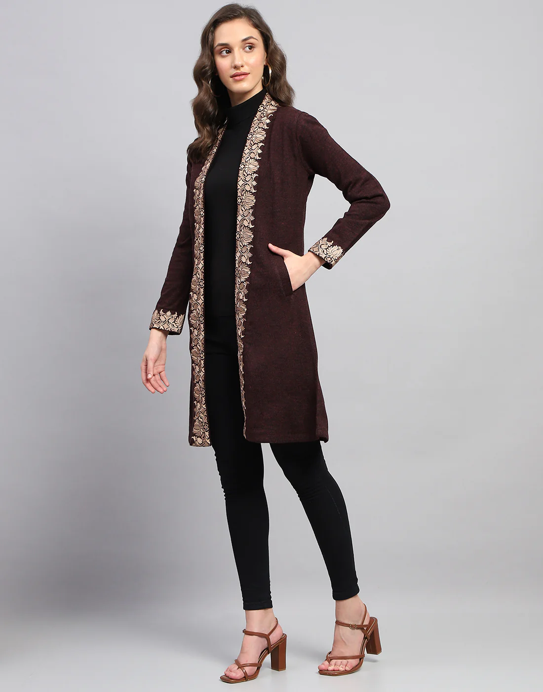 Women Maroon Self Design Front Open Full Sleeve Cardigan - Image 4