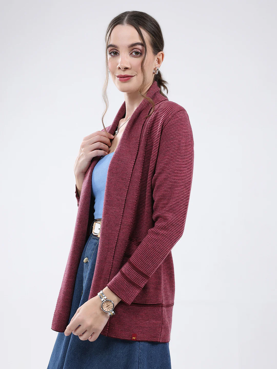 Women Maroon Self Design Front Open Full Sleeve Cardigan - Image 3