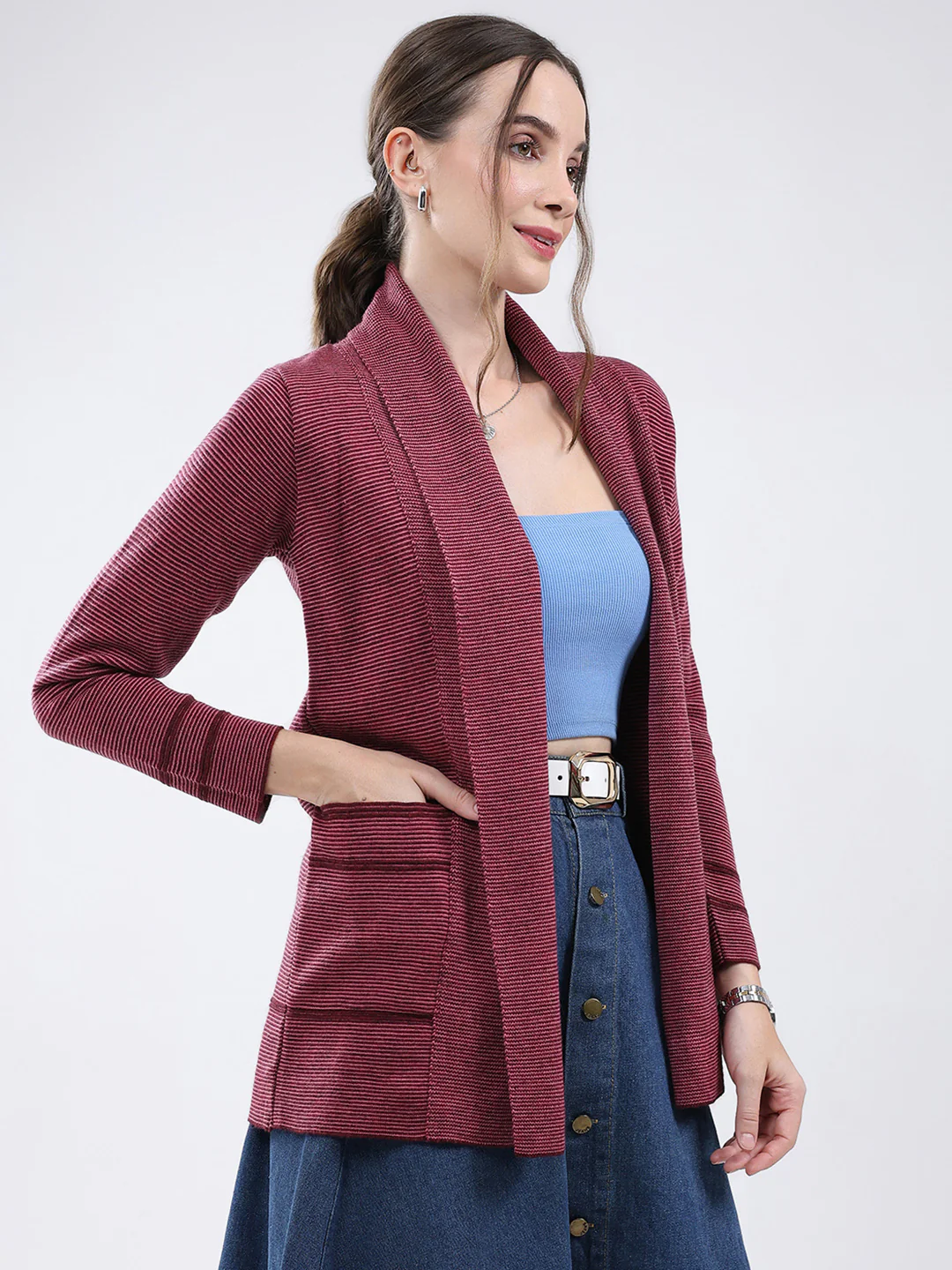 Women Maroon Self Design Front Open Full Sleeve Cardigan - Image 4