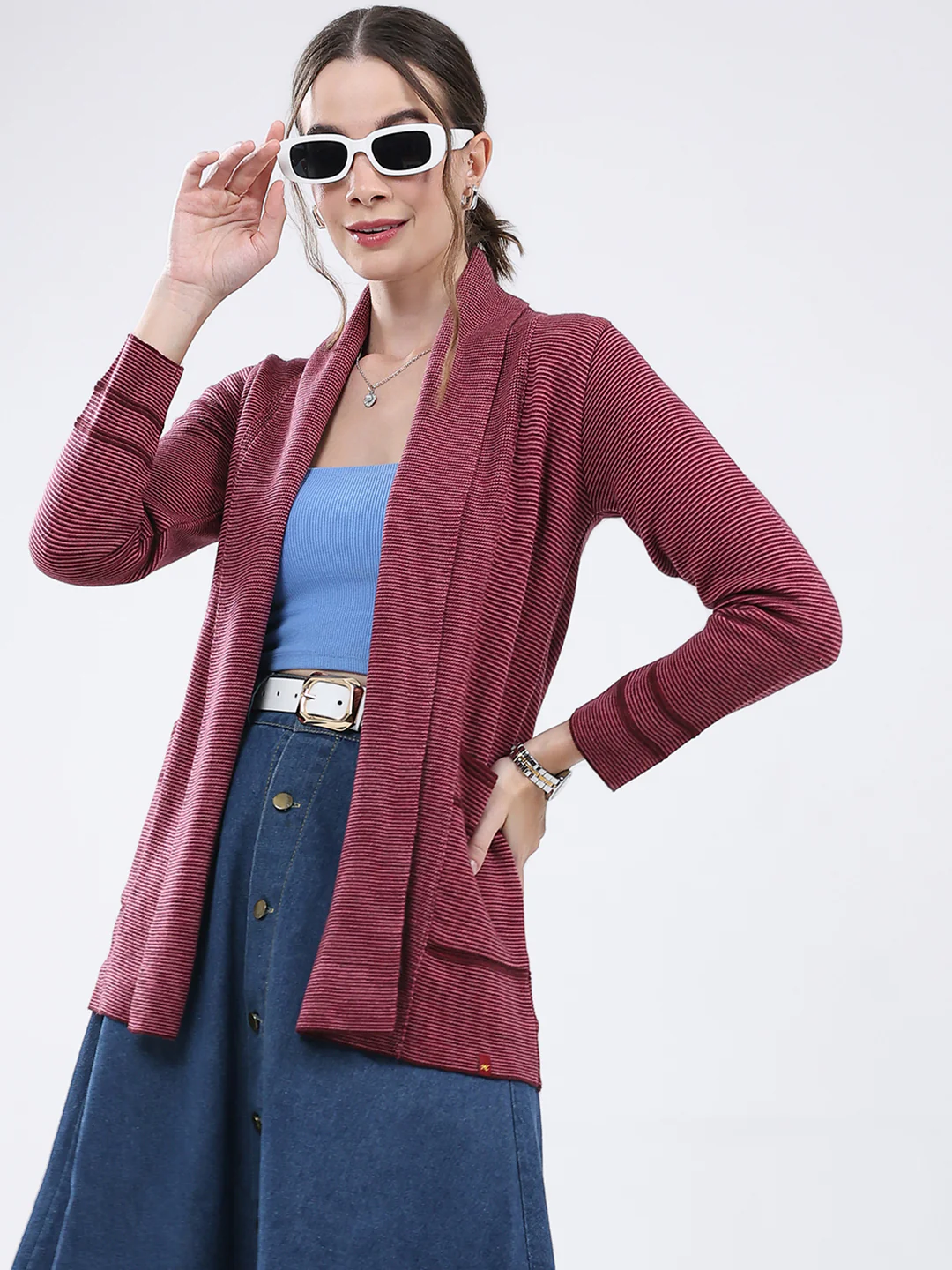 Women Maroon Self Design Front Open Full Sleeve Cardigan - Image 6