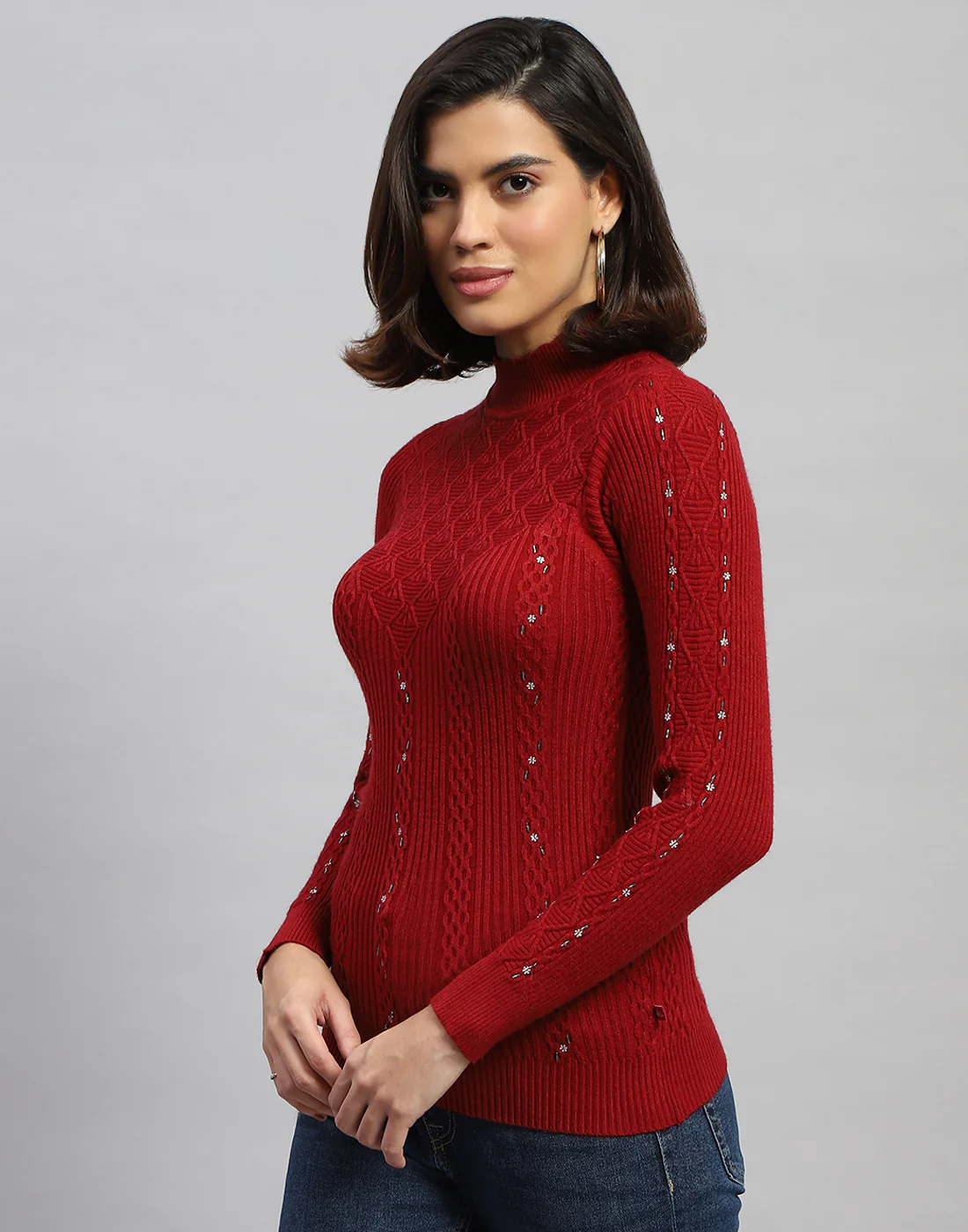 Women Maroon Self Design High Neck Full Sleeve Sceavy - Image 3