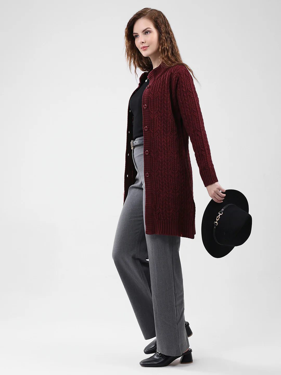 Women Maroon Self Design Mock Neck Full Sleeve Cardigan - Image 2